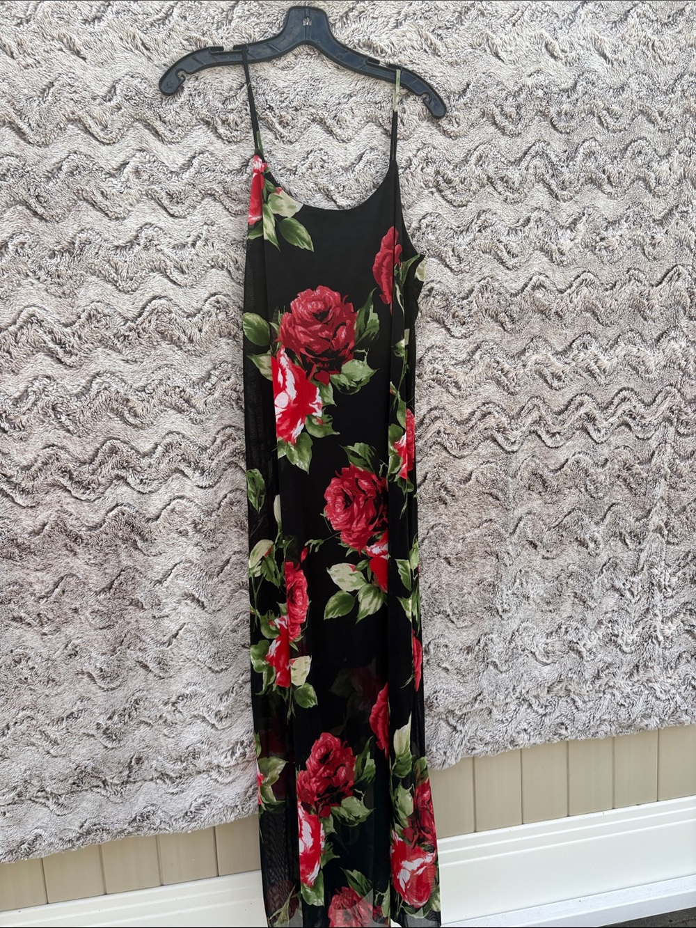 Black Floral Slip Maxi Dress with Red Rose Print